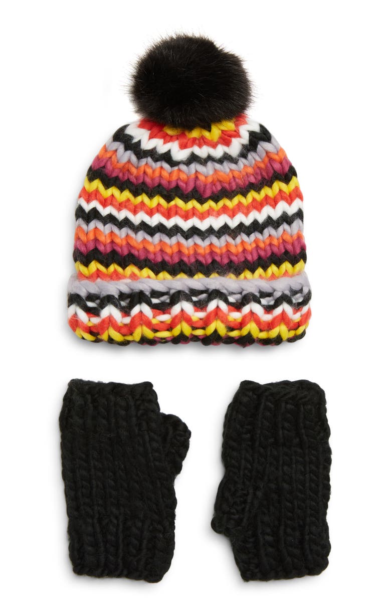 Trouvé Chunky Stitch Beanie with Faux Fur Pom & Fingerless Gloves Gift Set, Main, color,