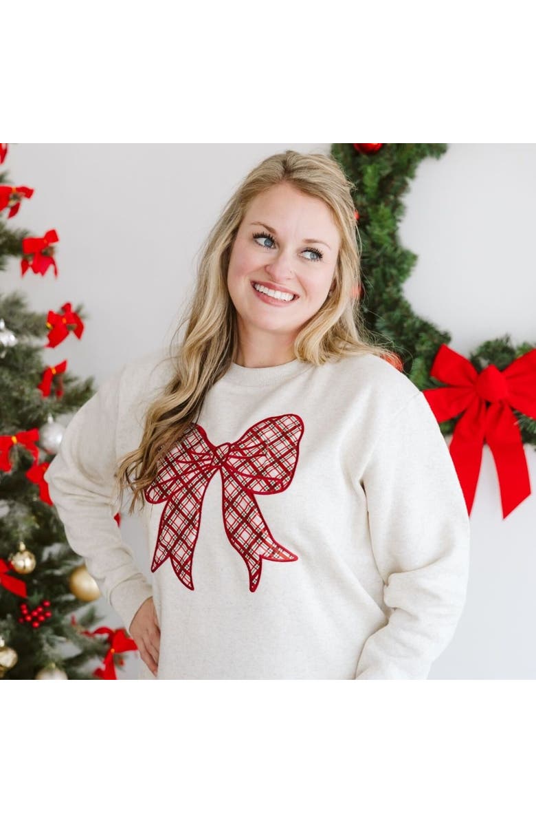 Sweet Wink Christmas Plaid Bow Patch Women's Sweatshirt, Alternate, color, Natural