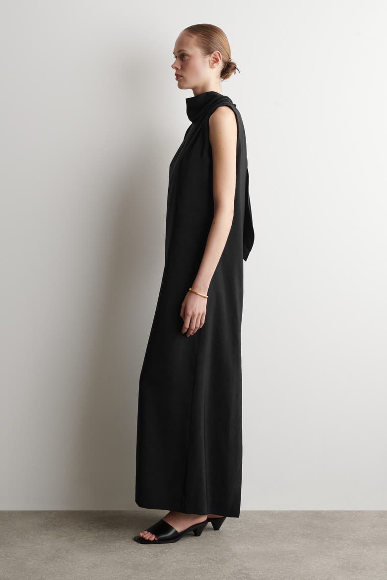 Draped Tie-detail Turtleneck Maxi Dress, Alternate, color, BLACK