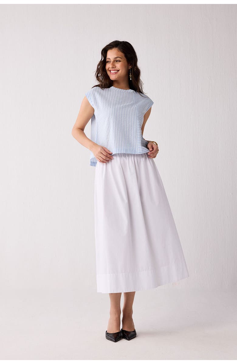 Reistor Button-Back Crew Neck Top in Blue Stripes, Alternate, color, Cloudline