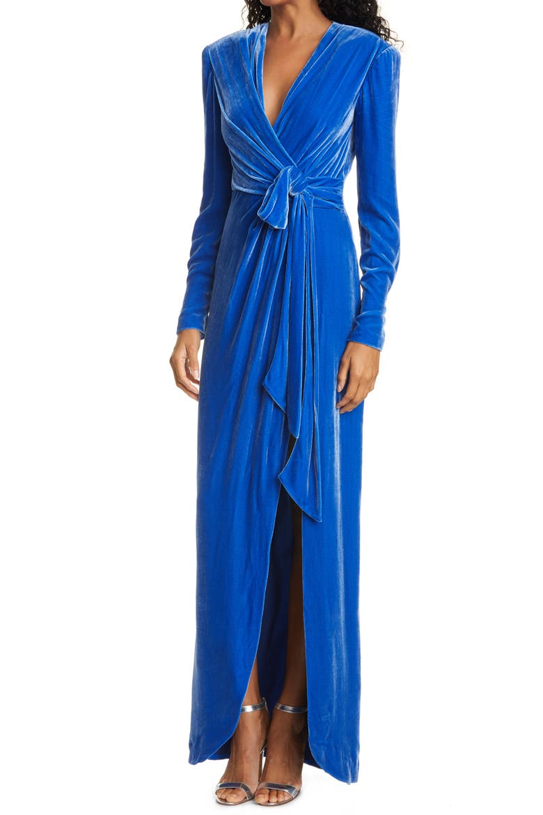 Kiley Wrap Front Long Sleeve Velvet Gown, Alternate, color, DEEP ULTRAMARINE