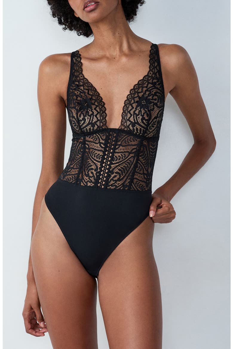 Dream Lace & Microfiber Teddy, Main, color, BLACK