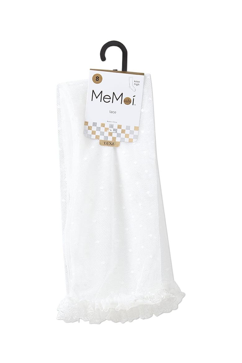 Lace Trimmed Dot Mesh Knee Sock, Alternate, color, White