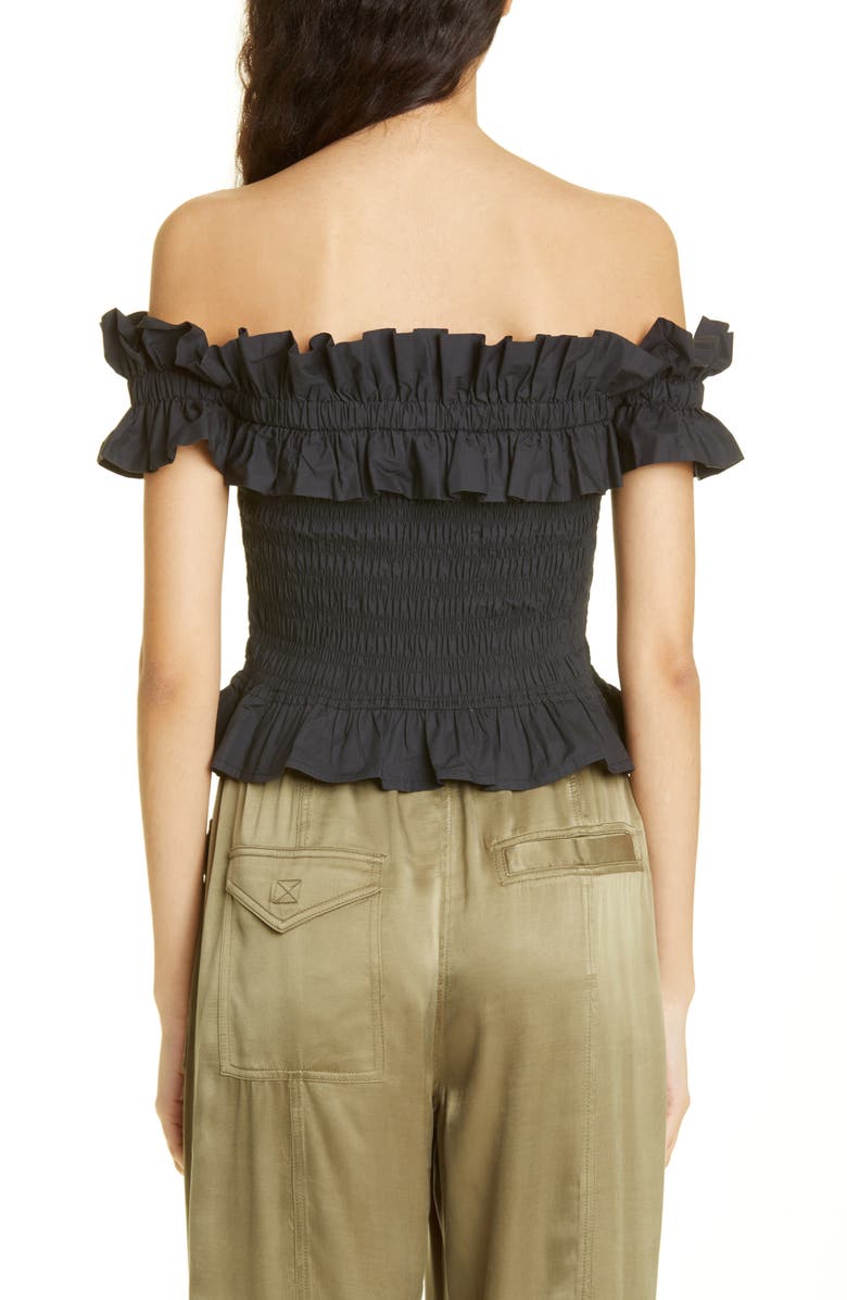 Ganni Shirred & Smocked Off the Shoulder Organic Cotton Top, Alternate, color,