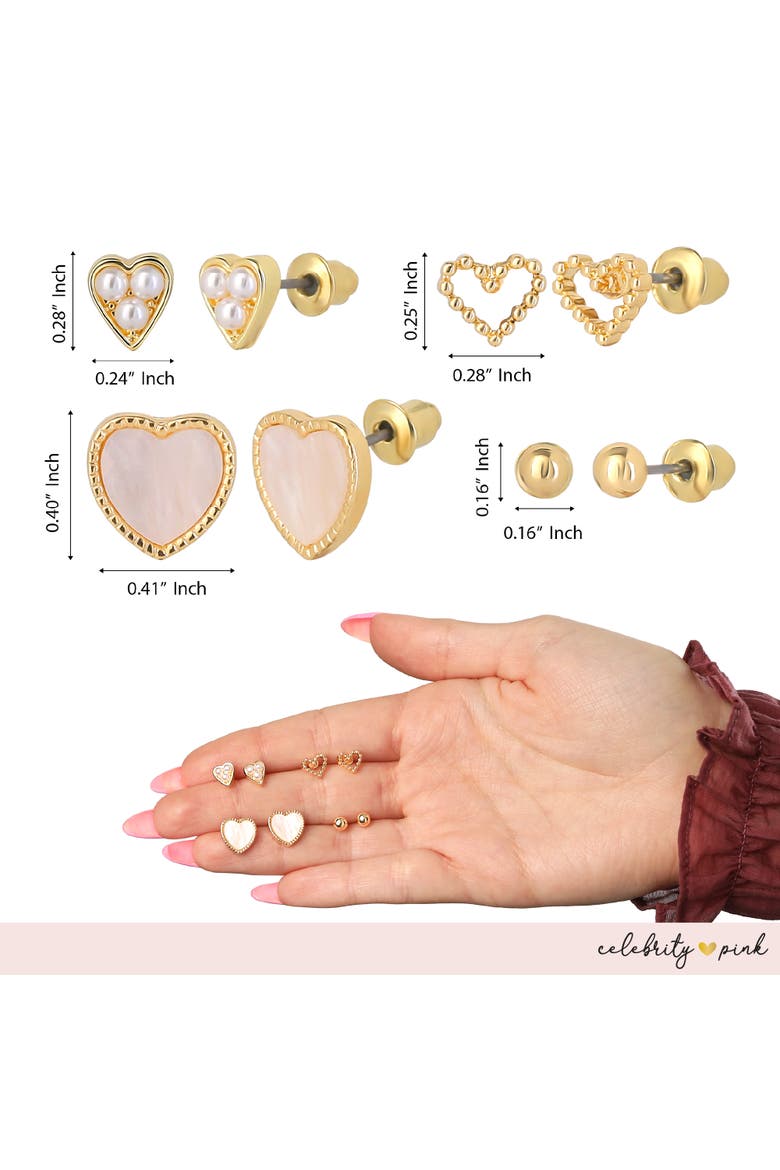 Gold-Tone Heart Stud Earrings and Huggie Hoops Pack of 6 | 6-Pack, Gold Heart Earrings, Faux Pearl Accents, Faux Pearl Accents, Alternate, color, Gold-Tone