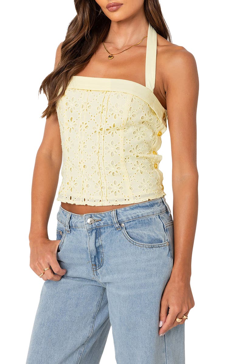 EDIKTED Eyelet Embroidered Halter Top, Alternate, color, 