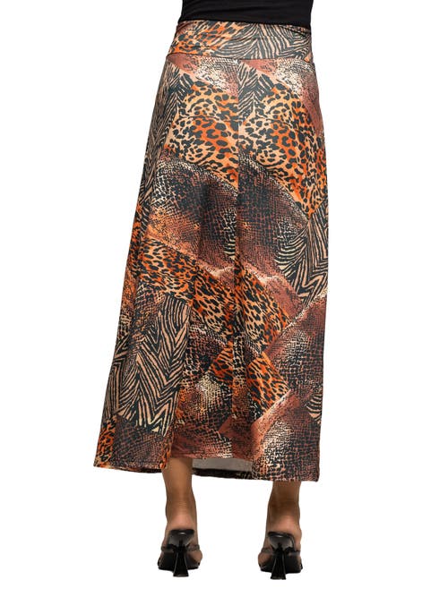 24seven Comfort Apparel Animal Patchwork Print Maxi Skirt In Brown