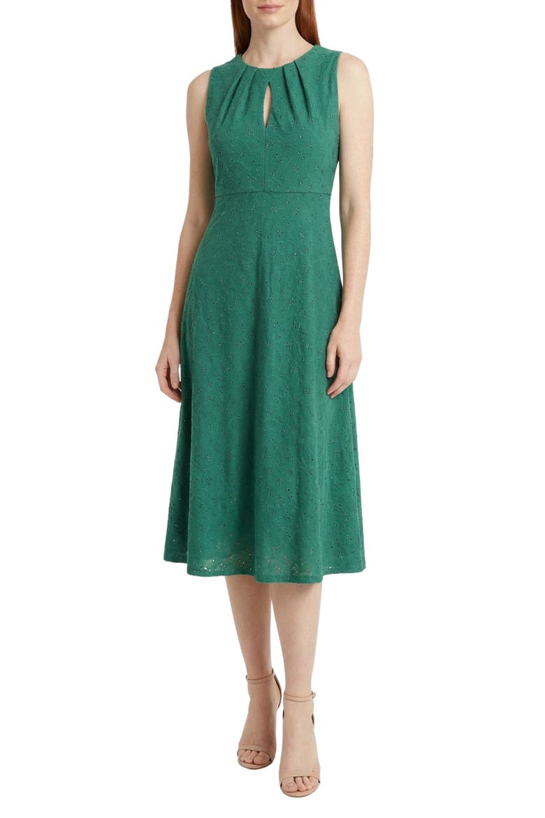 Eyelet Keyhole Fit & Flare Midi Dress, Main, color, GREENLAKE