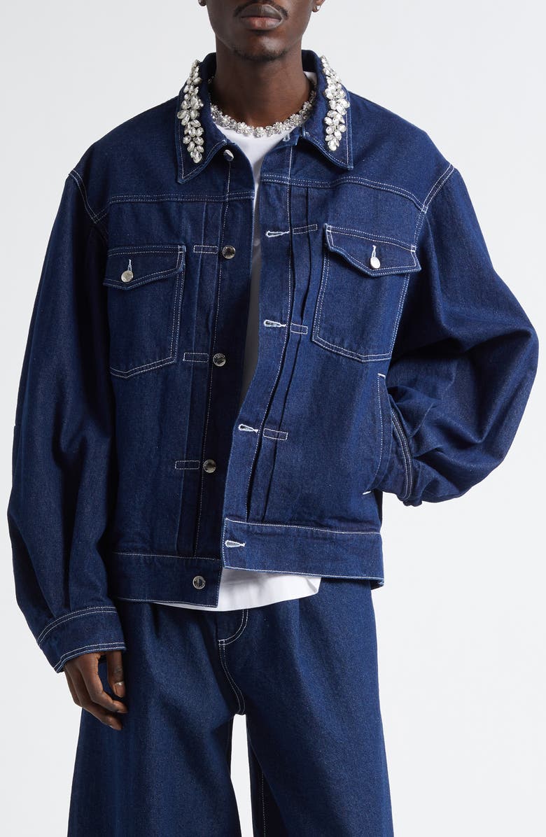 Simone Rocha Crystal Embellished Puff Sleeve Denim Trucker Jacket, Main, color, 