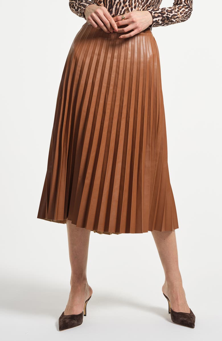 Isaac Mizrahi New York Faux Leather Accordion Pleat Midi Skirt, Main, color, Caramel
