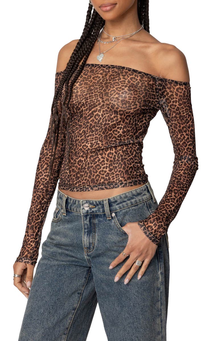EDIKTED Leopard Print Sheer Mesh Off the Shoulder Top, Alternate, color, Leopard