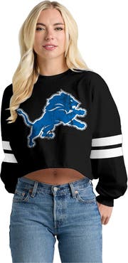 SPIRIT JERSEY Women's Spirit Jersey Black Detroit Lions Oversized Cropped Stripe Long Sleeve T-Shirt
