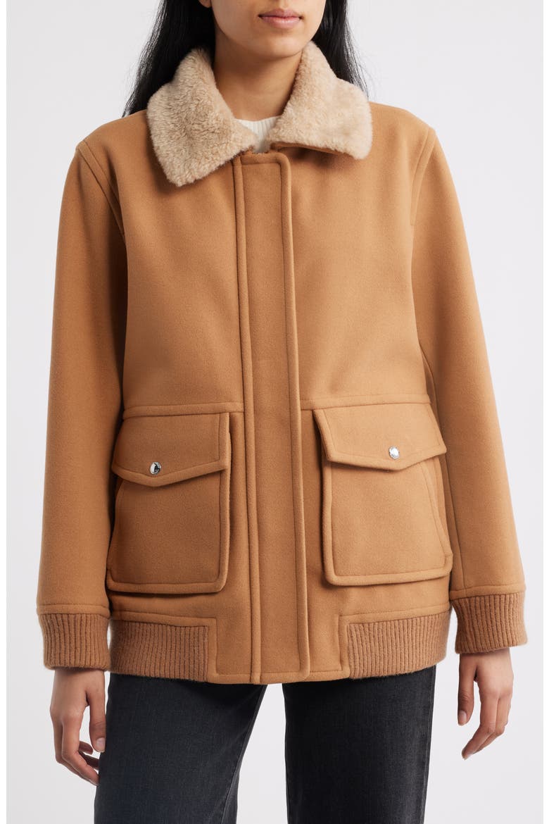 Relaxed Bomber Jacket with Faux Shearling Collar, Alternate, color, CAMEL
