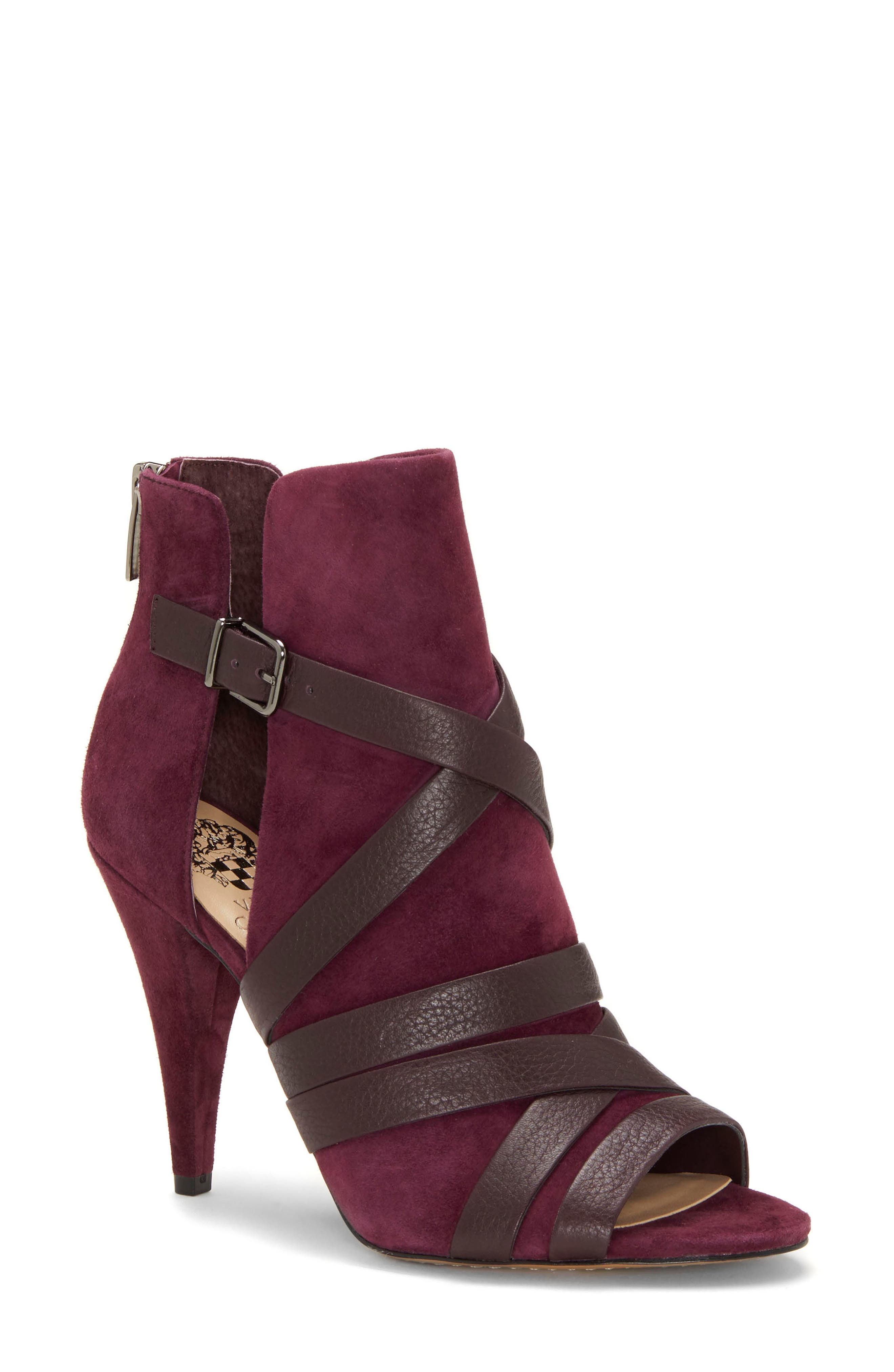 Achika Belted Peep Toe Bootie, Main, color, DARK PURPLE LEATHER