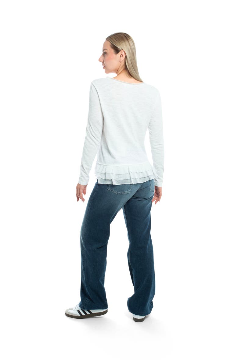 WILT Clothing V-Neck Mixed Media Long Sleeve Tee With Ruffle Hem, Alternate, color, Black