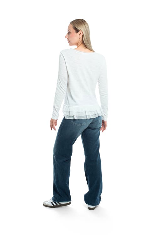 Wilt Clothing V-neck Mixed Media Long Sleeve Tee With Ruffle Hem In Blue