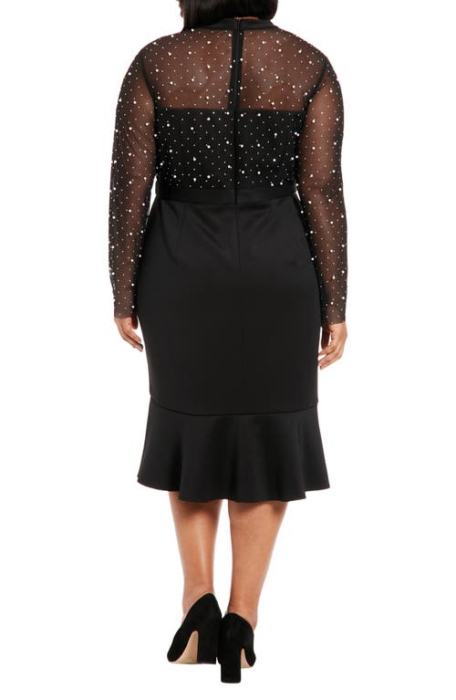 London Times Plus Size Beaded Illusion Mock-neck Midi Dress In Black