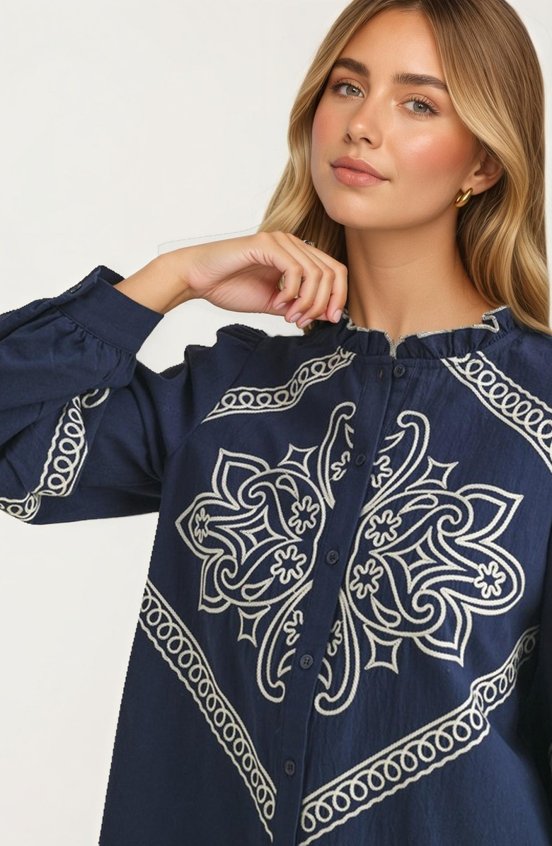 Knit and Lounge Embroidered Button-Front Puff-Sleeve Blouse, Alternate, color, Navy Embroidered