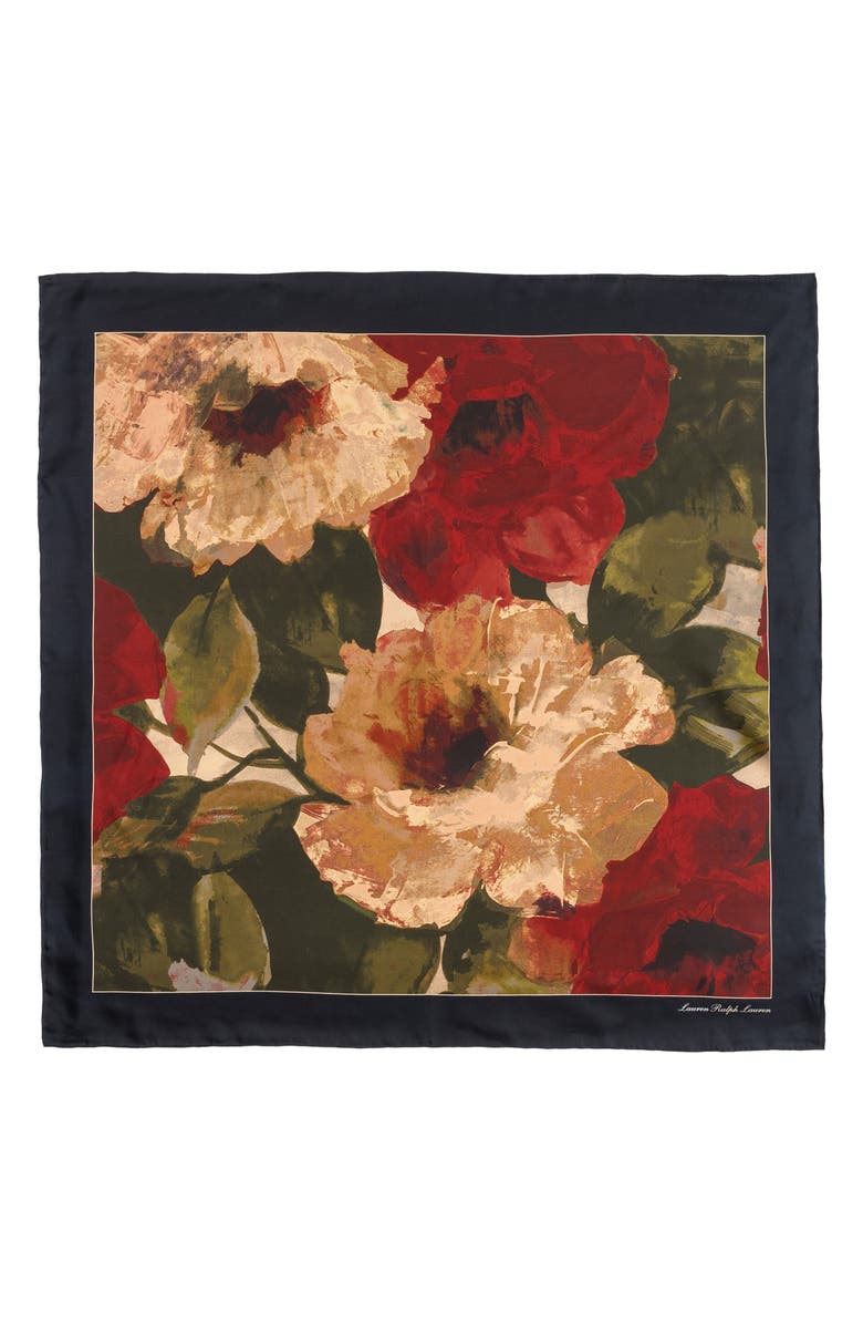 Lauren Ralph Lauren Fall Roses Square Silk Scarf, Main, color, Navy