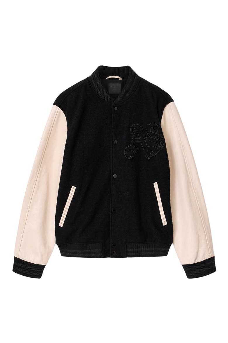Holloway Wool & Leather Varsity Bomber Jacket, Alternate, color, BLACK/ WHITE