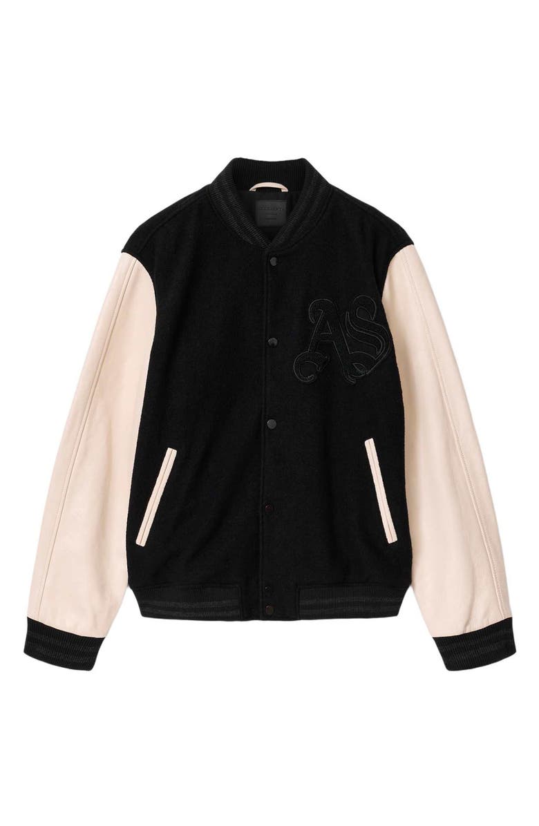 AllSaints Holloway Wool & Leather Varsity Bomber Jacket, Alternate, color, Black/ White