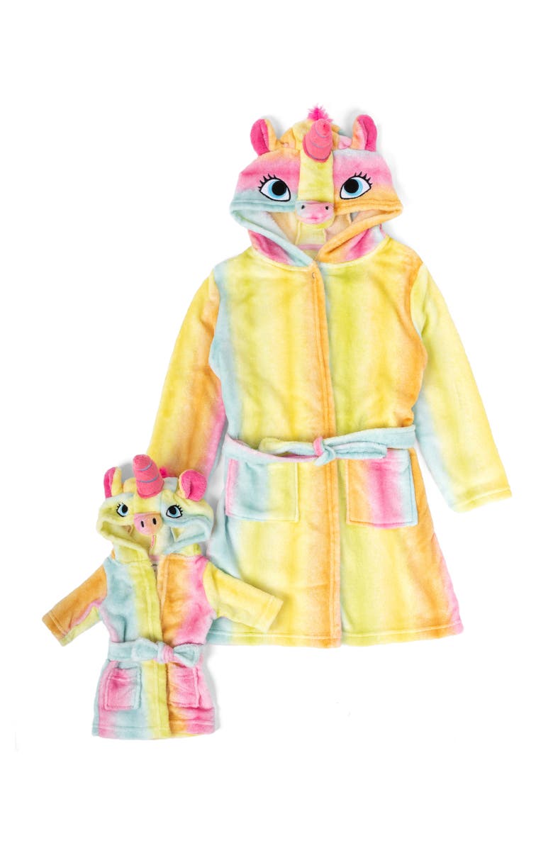 Leveret Girls Fleece Hooded Robe with Matching Doll Robe, Alternate, color, Rainbow