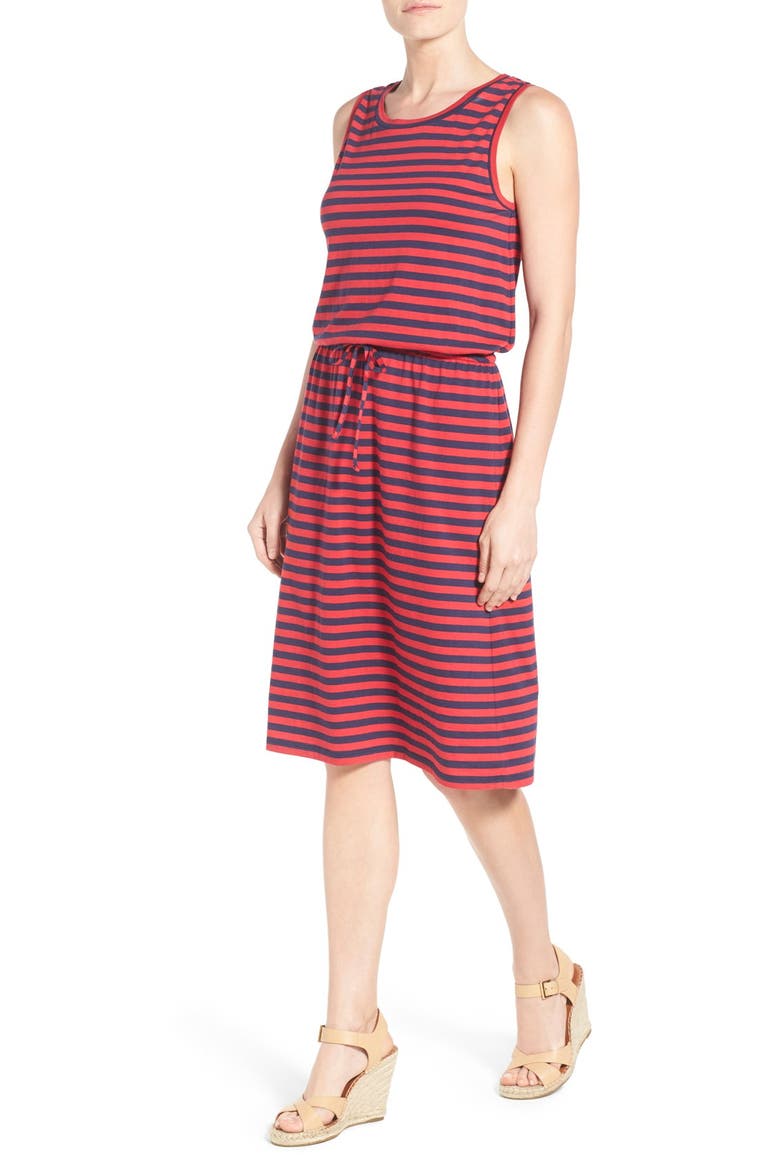 Sleeveless Cotton Blend Knit Drawstring Waist Dress, Alternate, color, NAVY- RED STRIPE