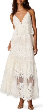 Steve Madden Annette Lace Embroidered Tiered Maxi Peplum Dress