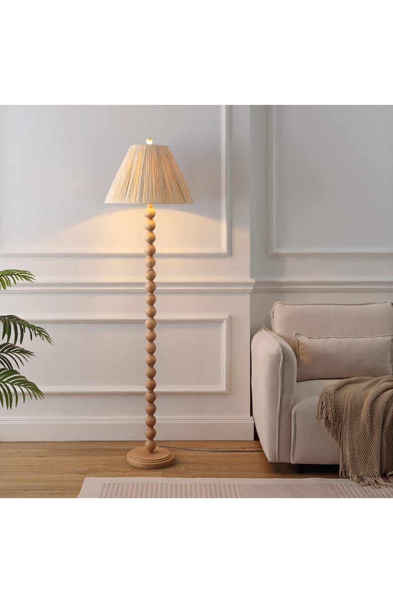 JONATHAN Y Wren 61.5" Modern Rustic Bobbin Pleated Paper Shade/Resin LED Floor Lamp, Alternate, color, Brown Wood Finish