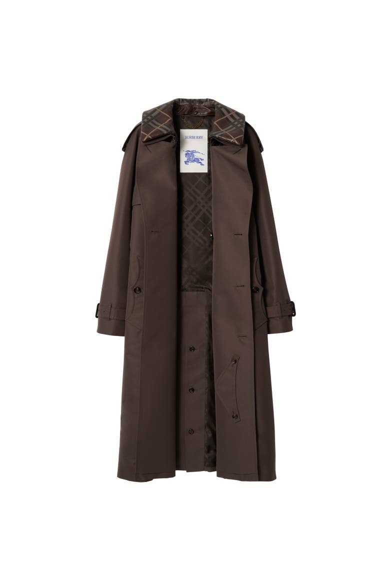 Long Check Collar Silk Cotton Trench Coat, Alternate, color, Shade brown