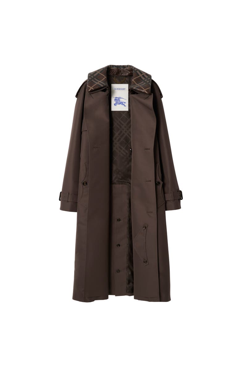 Burberry Long Check Collar Silk Cotton Trench Coat, Alternate, color, Shade Brown
