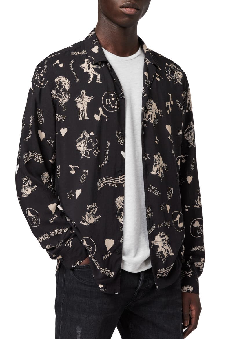 Tres Chordos Slim Fit Print Button-Up Shirt, Alternate, color, JET BLACK