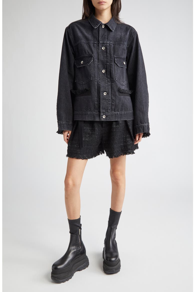 Mixed Media Denim & Tweed Trucker Jacket, Alternate, color, BLACK/ BLACK 002