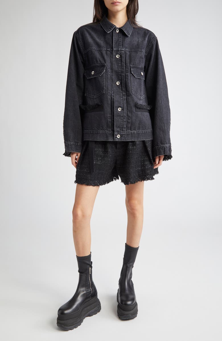 Sacai Mixed Media Denim & Tweed Shorts, Alternate, color, Black/ Black