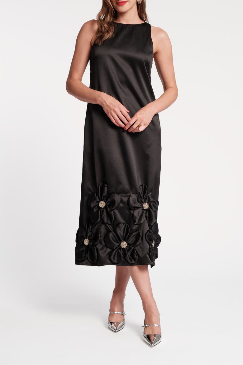 Francesca Maxi Dress w/Flowers Floral Satin Poly Satin, Main, color, Black