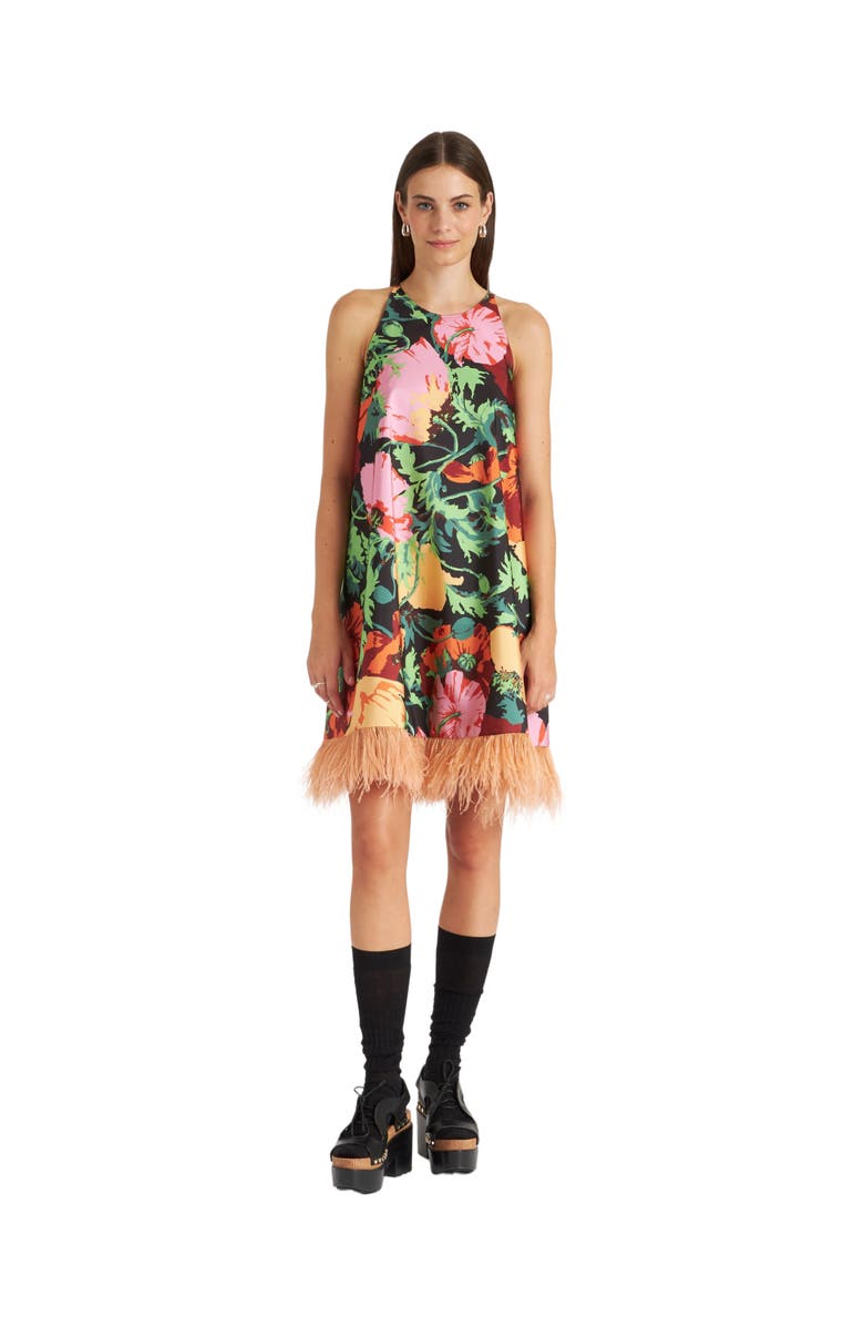 La DoubleJ La Fenice Mini Dress With Feathers Wonderland Black, Main, color, 