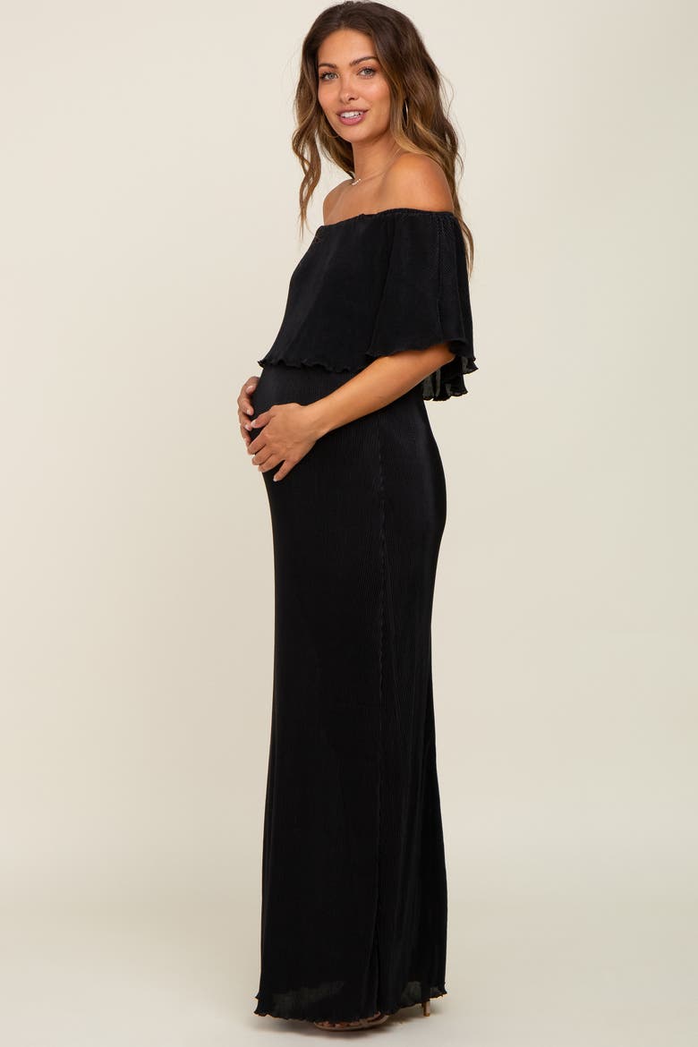 Pleated Ruffle Off Shoulder Maxi Dress, Alternate, color, Black