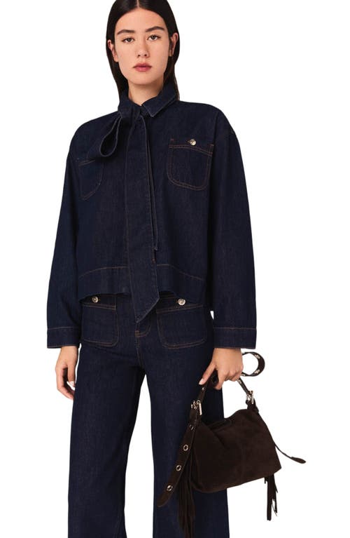 Maje Denim Shirt With Pussy Bow In Blue
