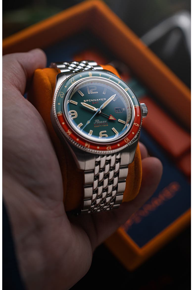 Fleuss GMT Automatic Bracelet Watch, 43mm, Alternate, color, GREEN