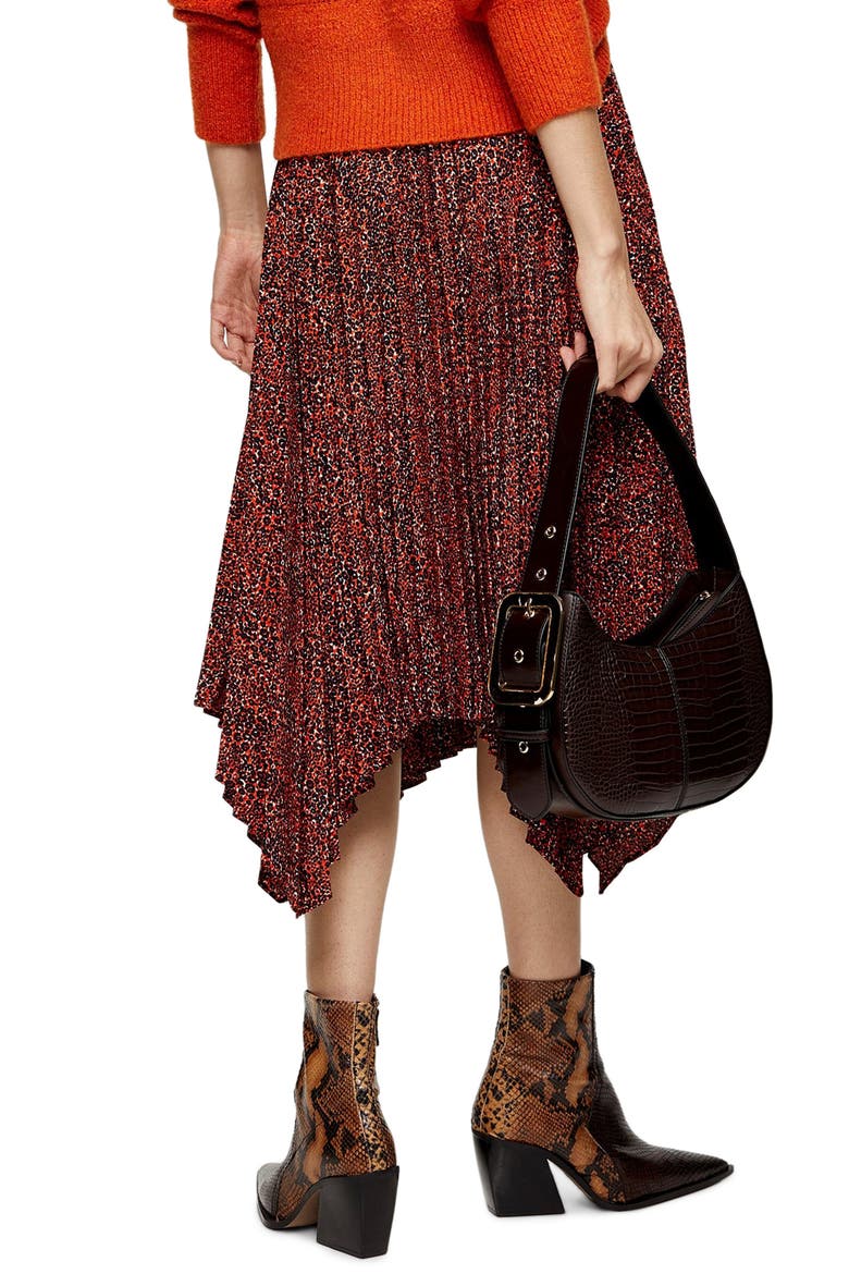 Tiny Leopard Pleated Belted Midi Skirt, Alternate, color, RED MULTI