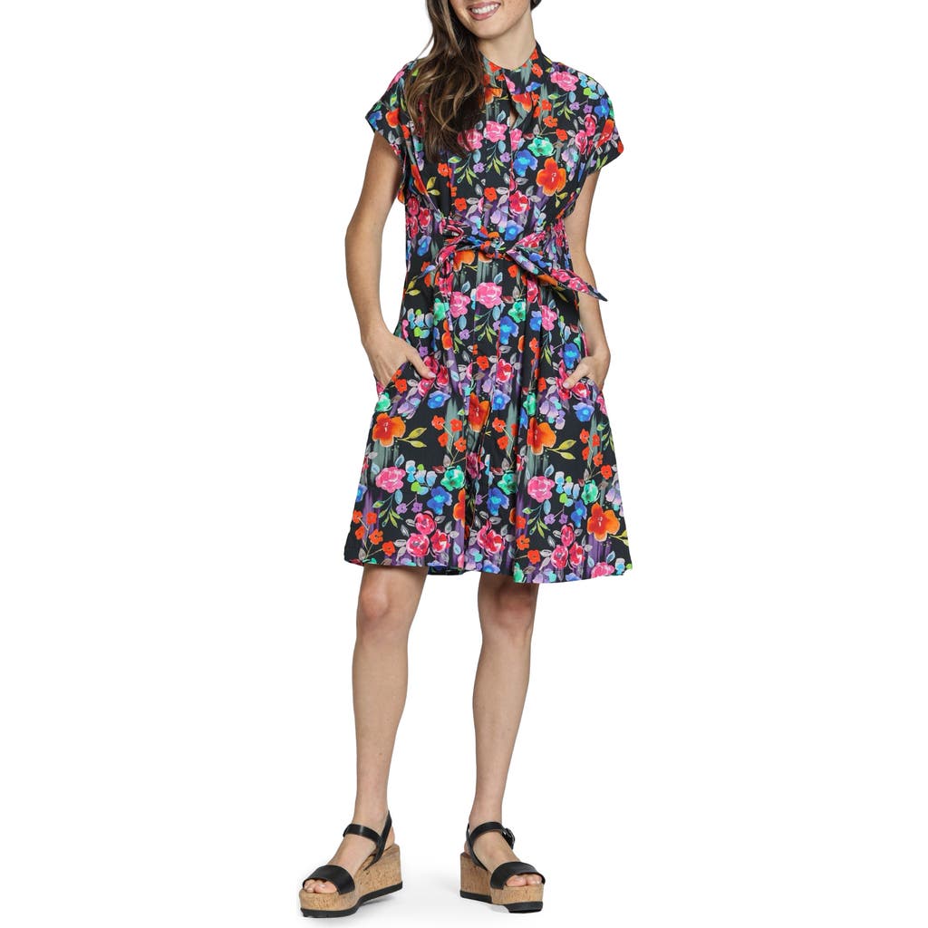Apny Floral Print Belted A-line Dress In Pink Multi