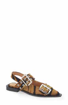Ganni Zebra Pointed Toe Mary Jane Slingback Flat