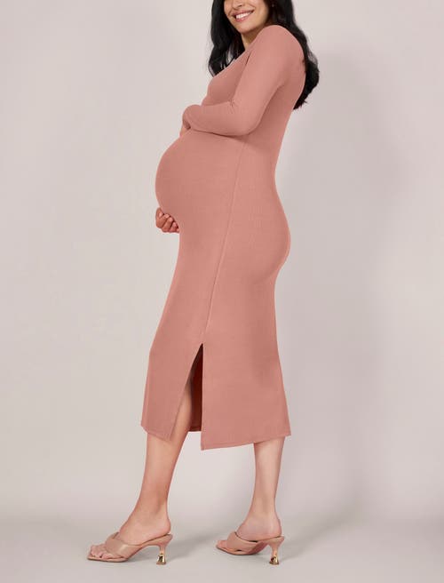 Motherhood Maternity Crew Neck Rib Knit Long Sleeve Column Dress In Mocha Mousse