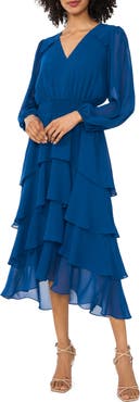Vince Camuto Smocked Waist Long Sleeve Tiered Midi Dress