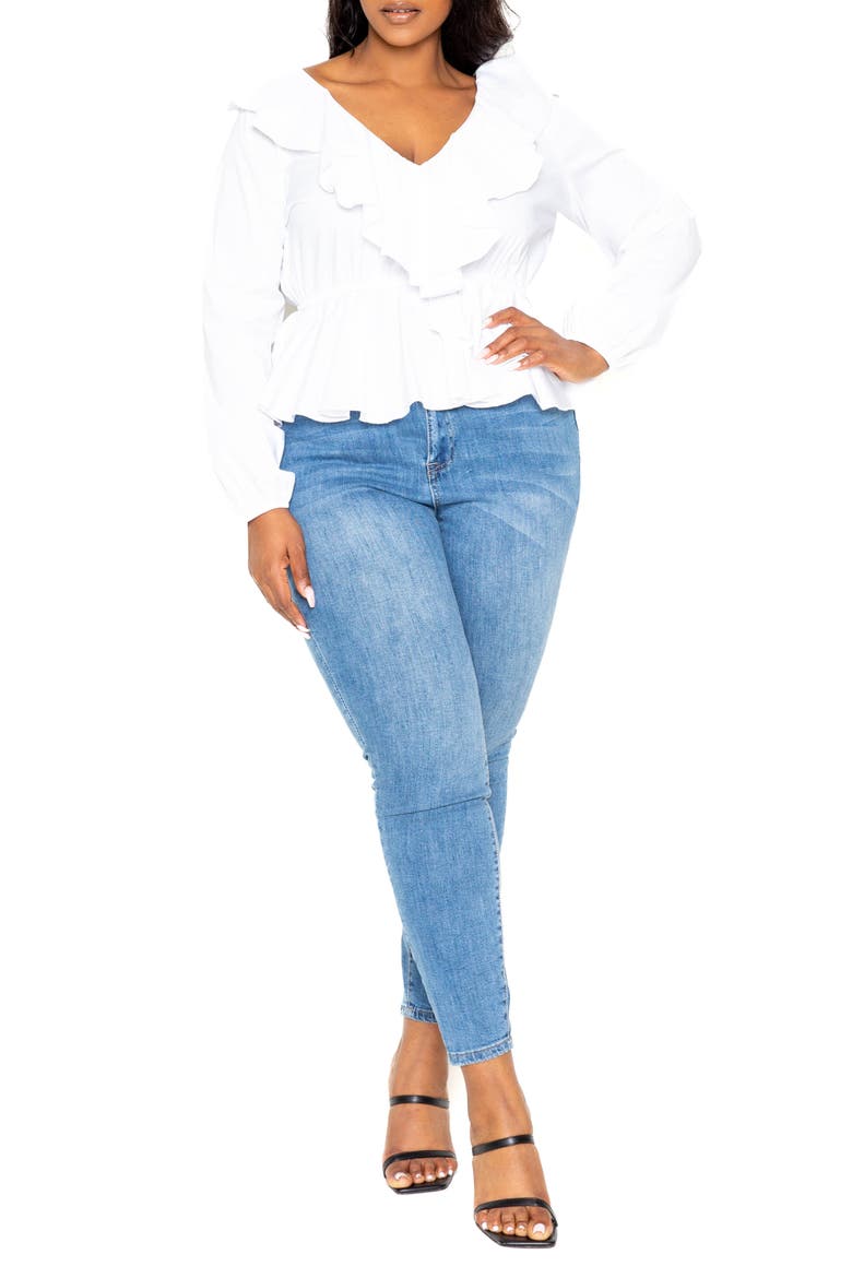 Ruffle Long Sleeve Peplum Blouse, Alternate, color, WHITE
