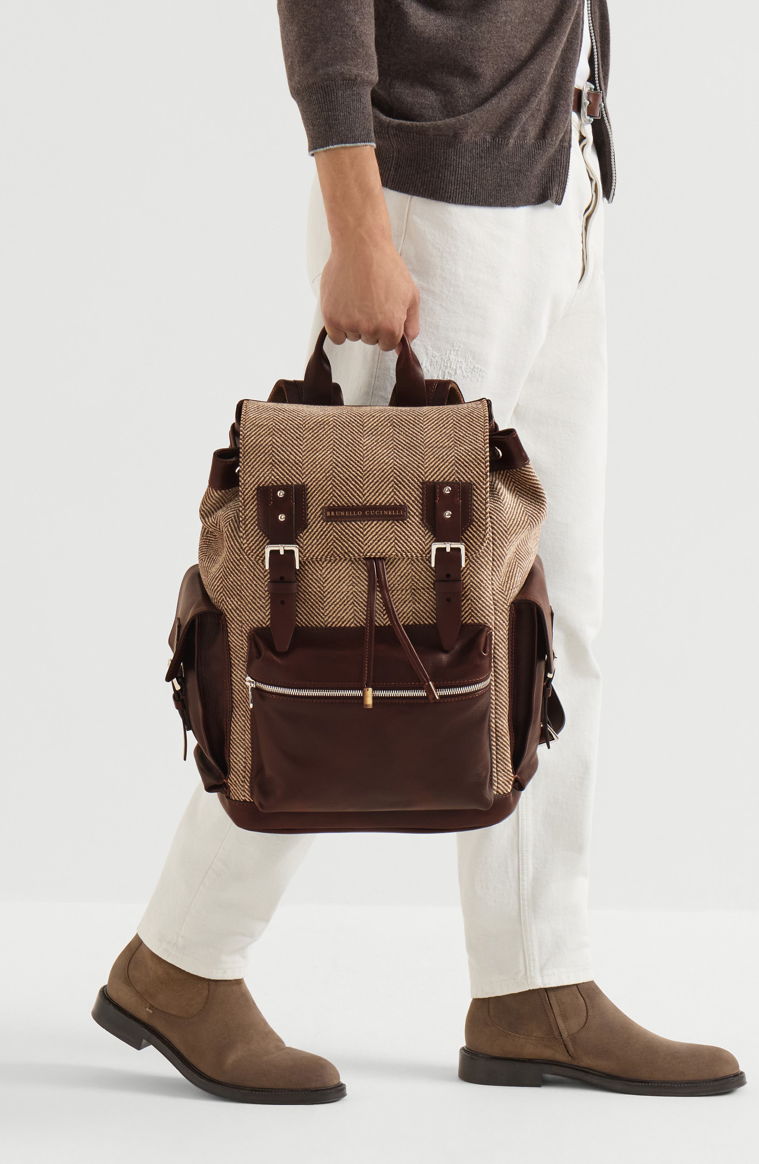 Burnished calfskin and chevron-effect techno fabric city backpack, Alternate, color, Brown