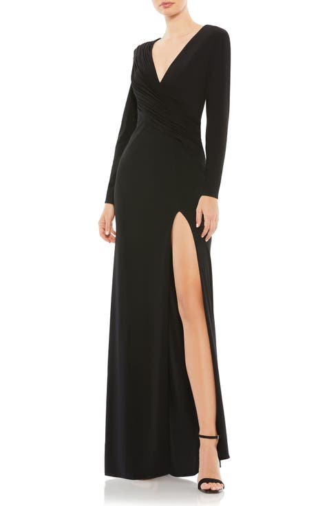 Jersey Long Sleeve Asymmetrical Ruched Gown