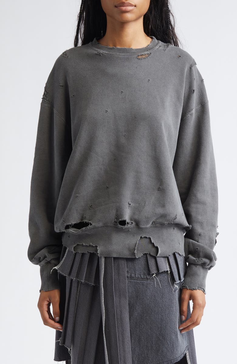 KURO More Damage Rip & Repair French Terry Crewneck Sweatshirt, Main, color, Faded Black