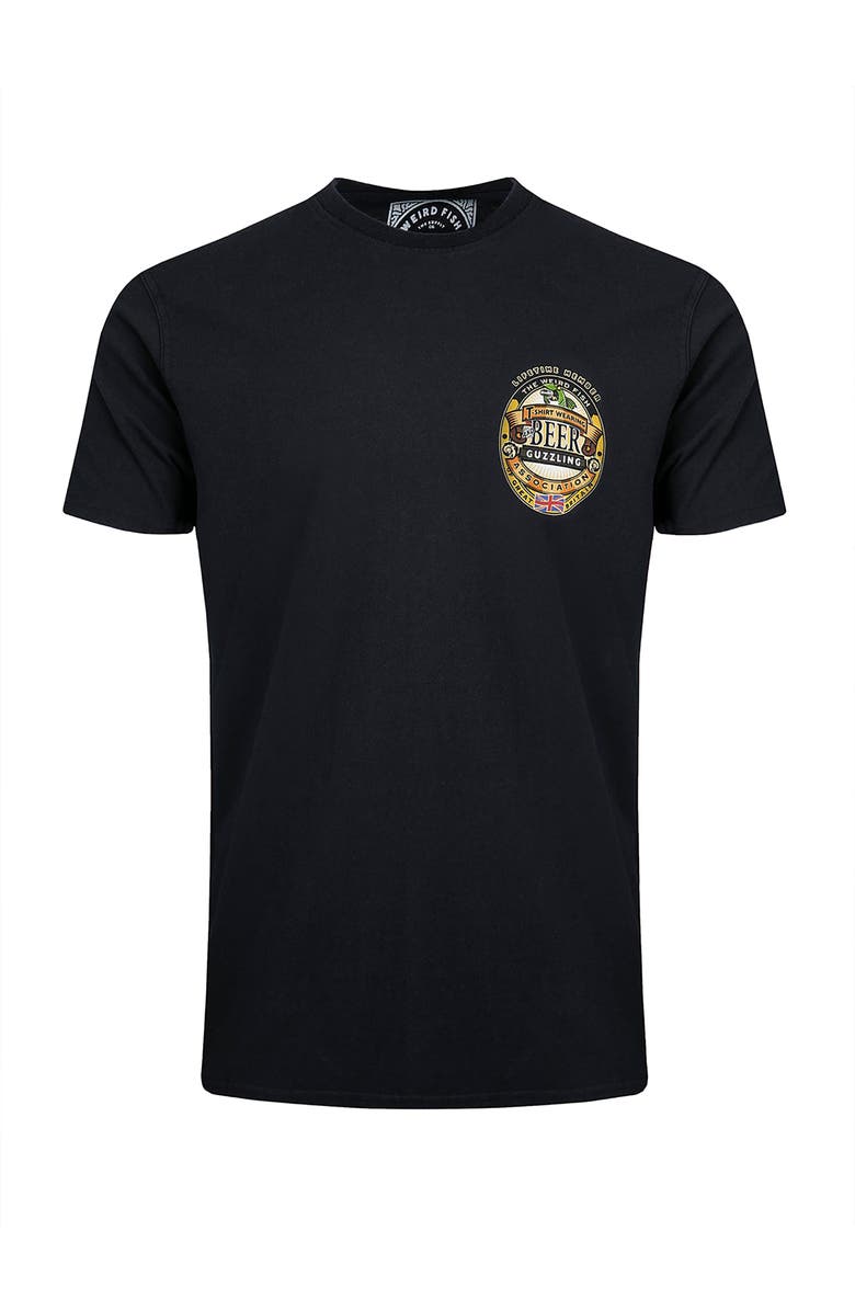 Weird Fish Beer Guzzling Back Print Artist T-Shirt, Alternate, color, Black