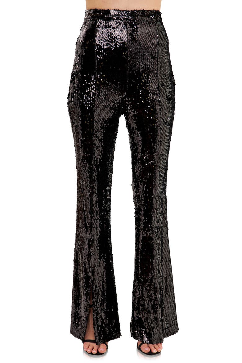 Sequin Slit Leg Flare Pants, Alternate, color, BLACK